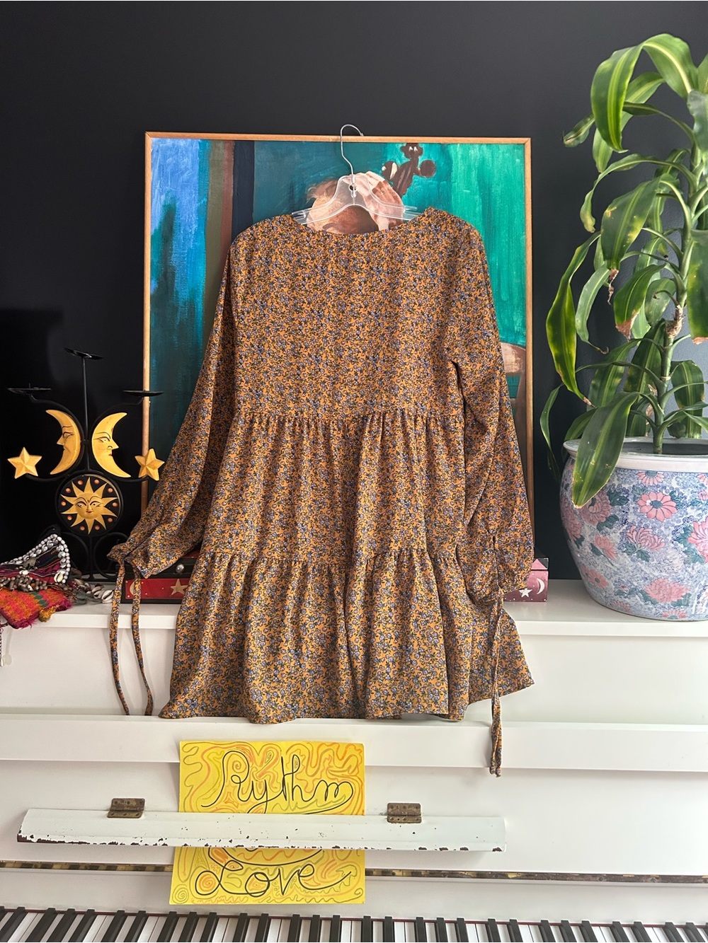 Wild Fable Mustard Floral Tiered Midi Dress Women’s Medium Boho Cottagecore - Picture 11 of 16
